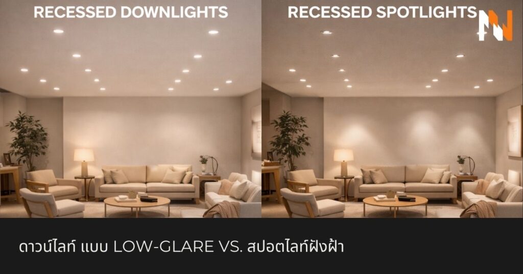 ดาวน์ไลท์ แบบ Low-Glare vs. สปอตไลท์ฝังฝ้า